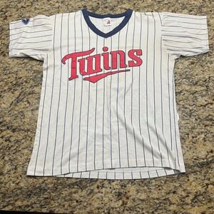 Vintage Pro Sport Minnesota Twins Hrbek 14 Pinstripe V-Neck Shirt Mens L Carrier